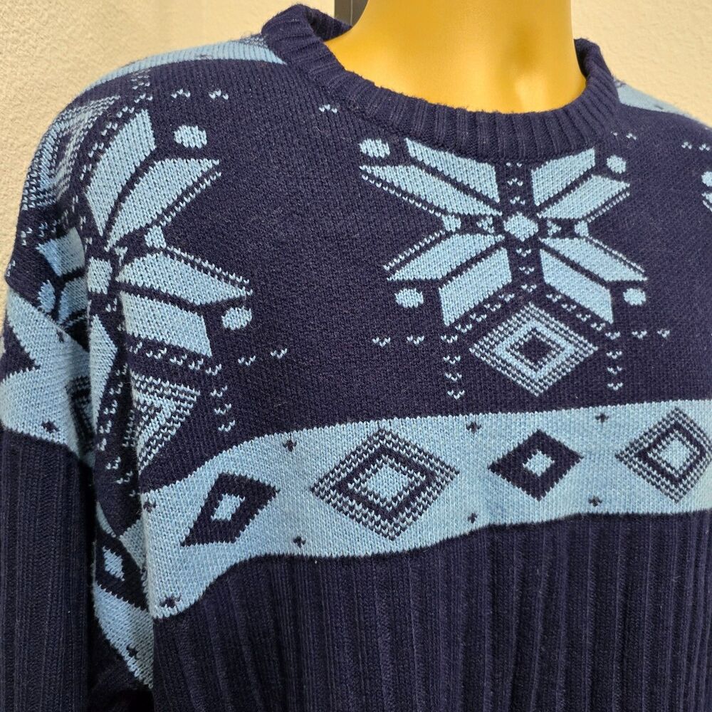 Vtg 90s Bucker Ribbed Crew Sweater Mens XL Blue Snowflake Alpine Nordic Snow Ski